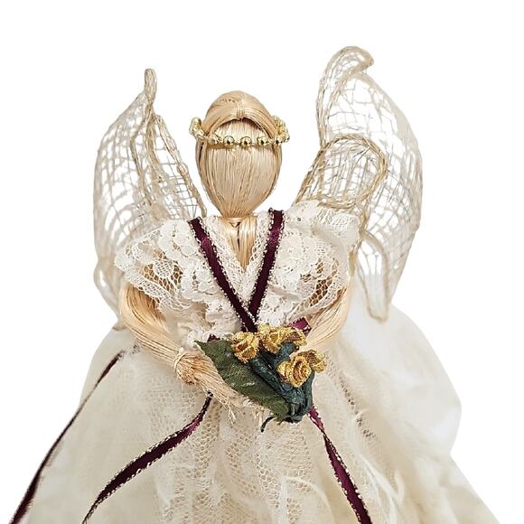 Vintage Cornhusk Lace Mesh Faceless Angel Tree Topper with Gold Accents Decor 8" - Picture 5 of 8